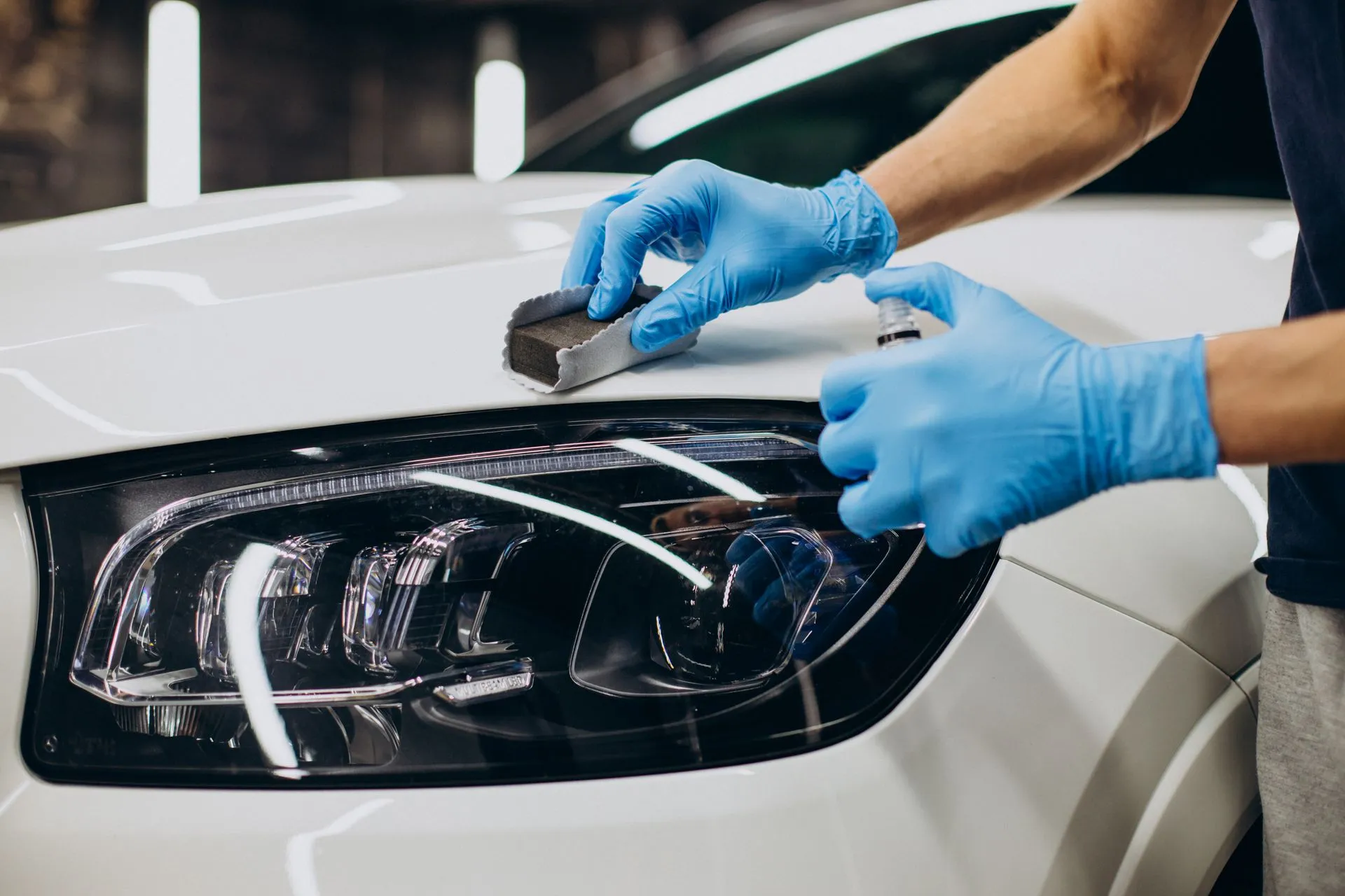 Person applying car wax with a blue applicator to a gray car door.