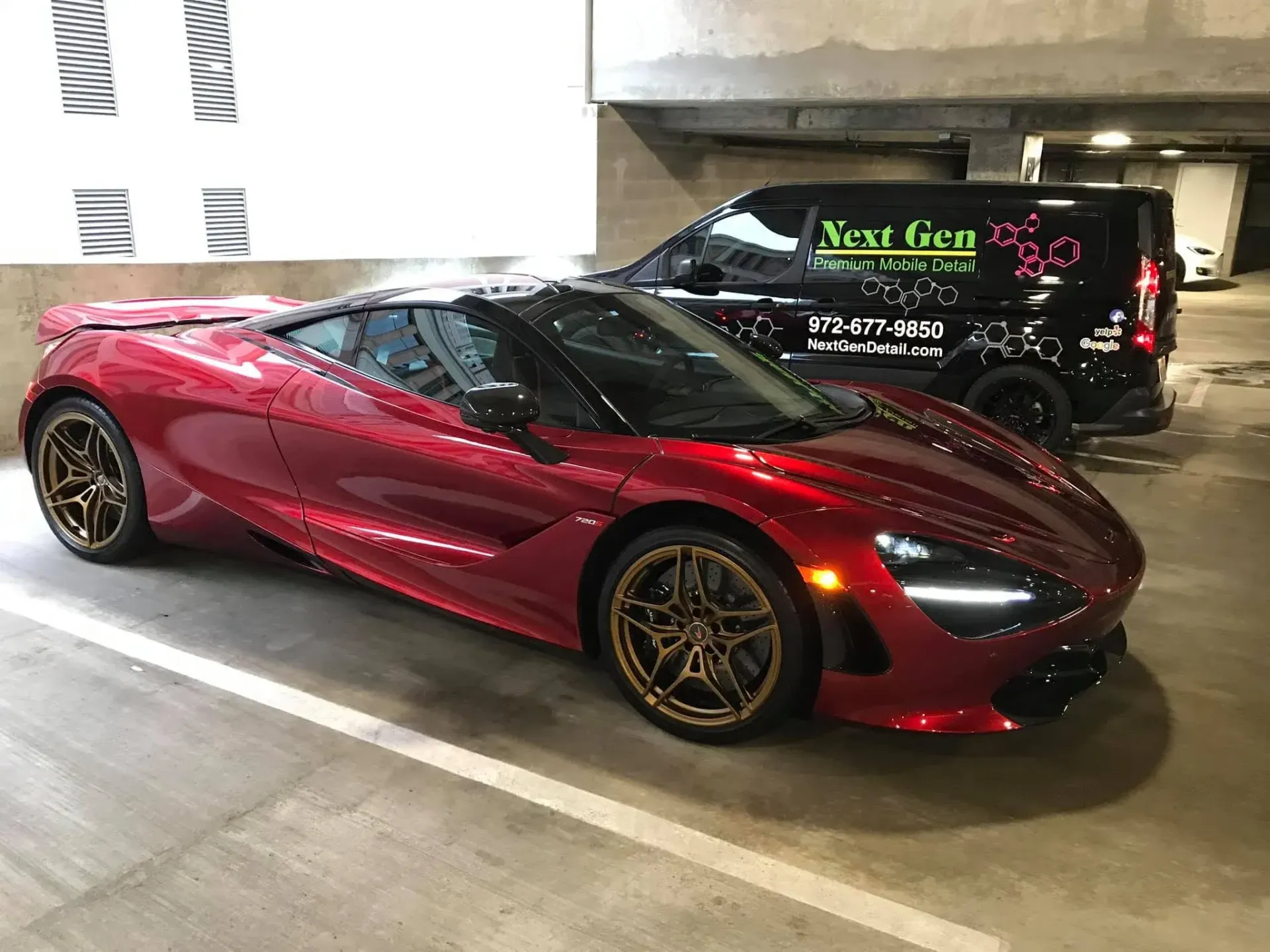 Red sports car beside a Next Gen Detail mobile detailing van after paint correction and ceramic coating in The Colony, TX Red sports car beside a Next Gen Detail mobile detailing van after paint correction and ceramic coating in The Colony, TX