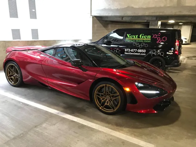 Red sports car beside a Next Gen Detail mobile detailing van after paint correction and ceramic coating in The Colony, TX Red sports car beside a Next Gen Detail mobile detailing van after paint correction and ceramic coating in The Colony, TX